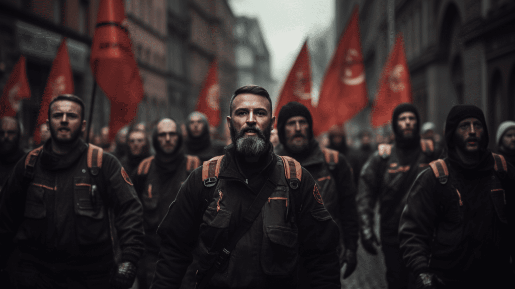 fascists marching in the streets, by Midjourney