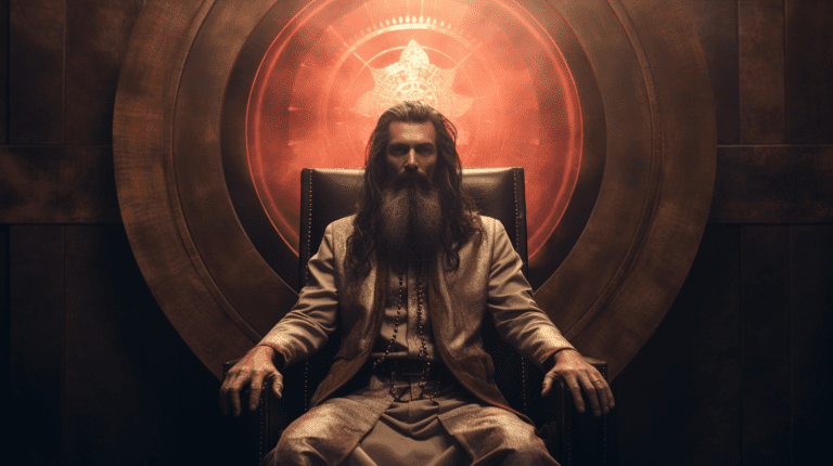 A cult leader who is definitely a narcissist, sitting in a chair glowering