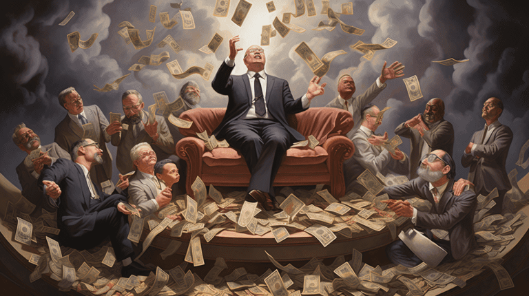 Wealth Cult -- rich men behaving badly, by Midjourney