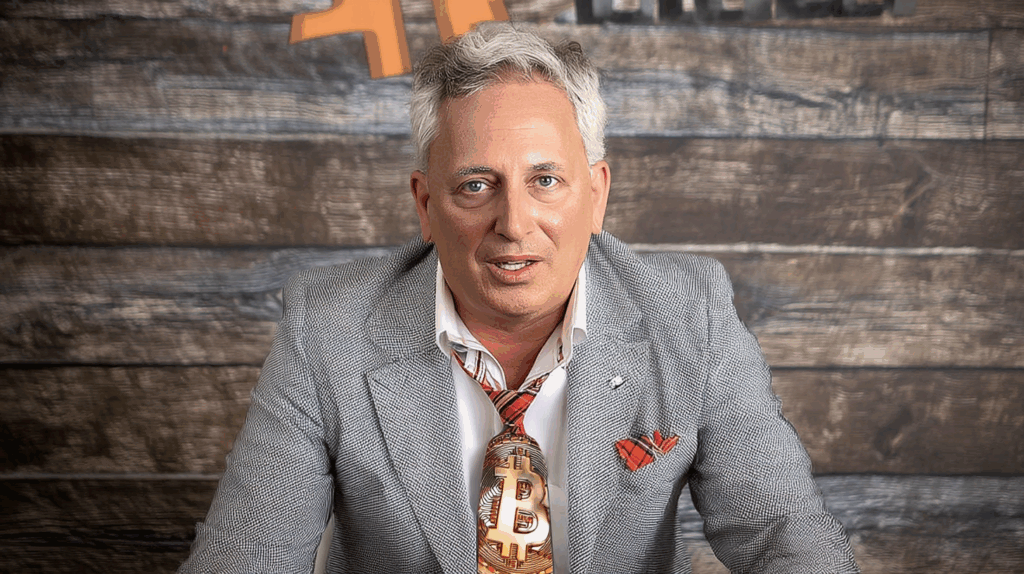David Sacks with a Bitcoin tie, as illustrated by Midjourney