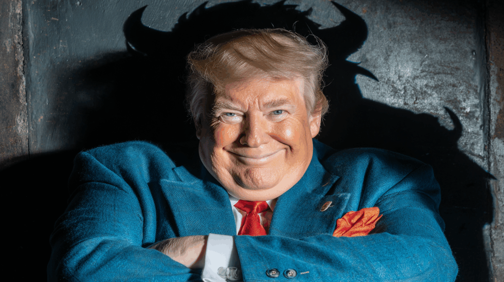 An obese Donald Trump fattening himself on corruption