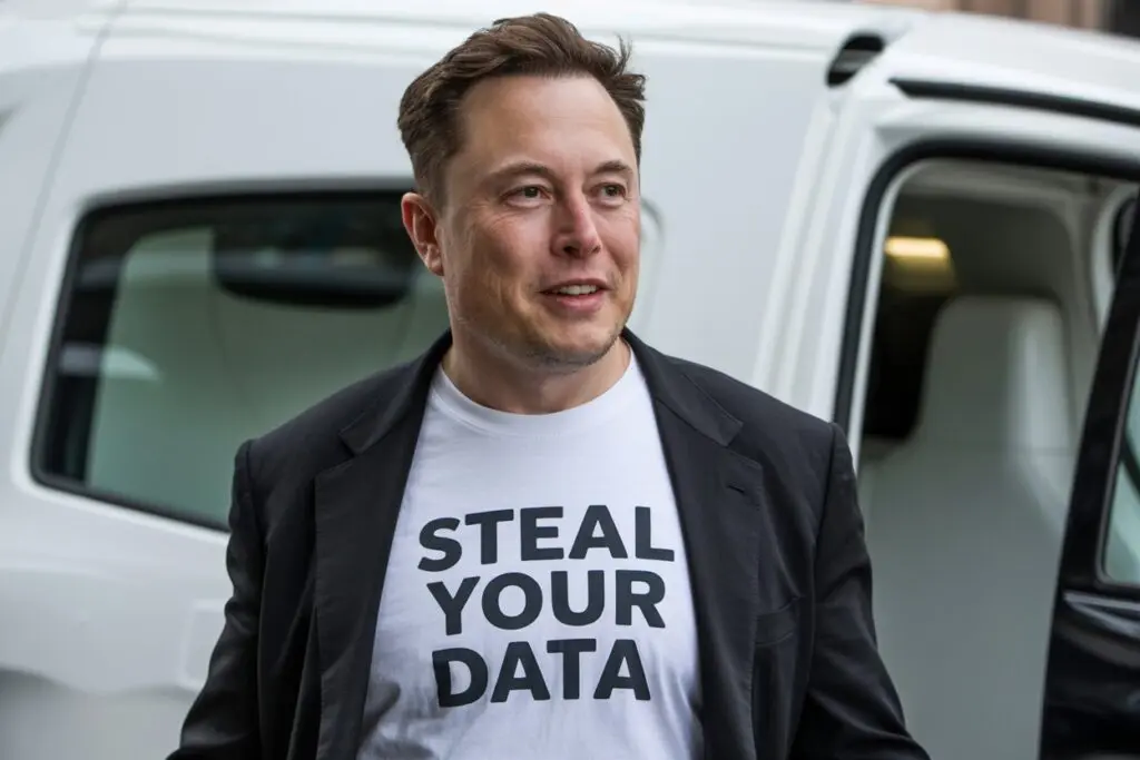 Elon Musk in a "Steal Your Data" tee shirt