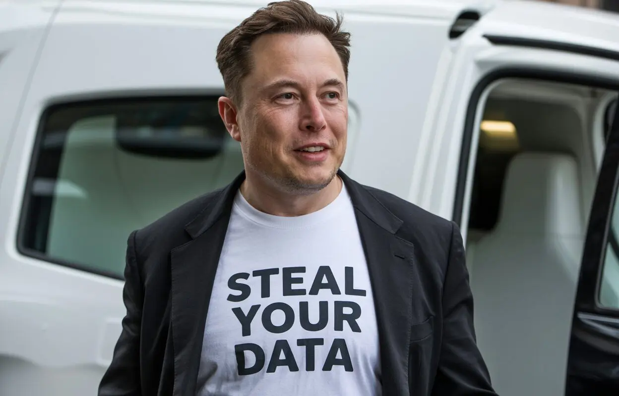 Elon Musk wearing a t-shirt that says "Steal Your Data"