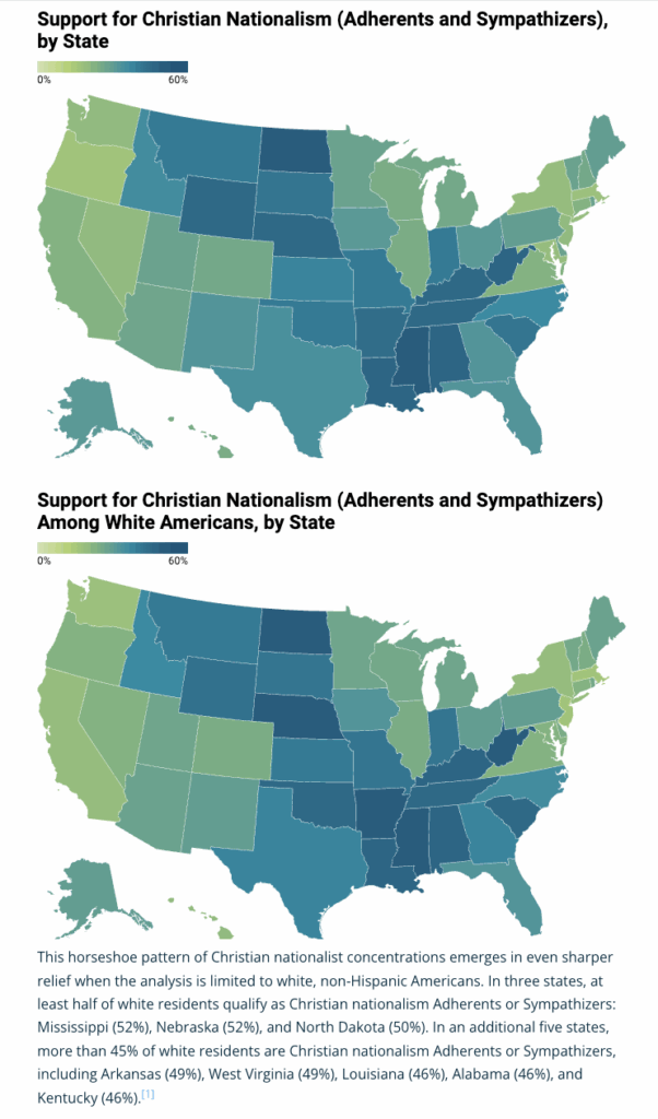 support of Christian nationalism groups by state -- 2 maps