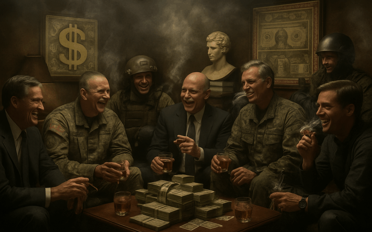 US Republican Senators cavorting with military personnel, drinking and laughing and celebrating the orgy of money they are rolling in