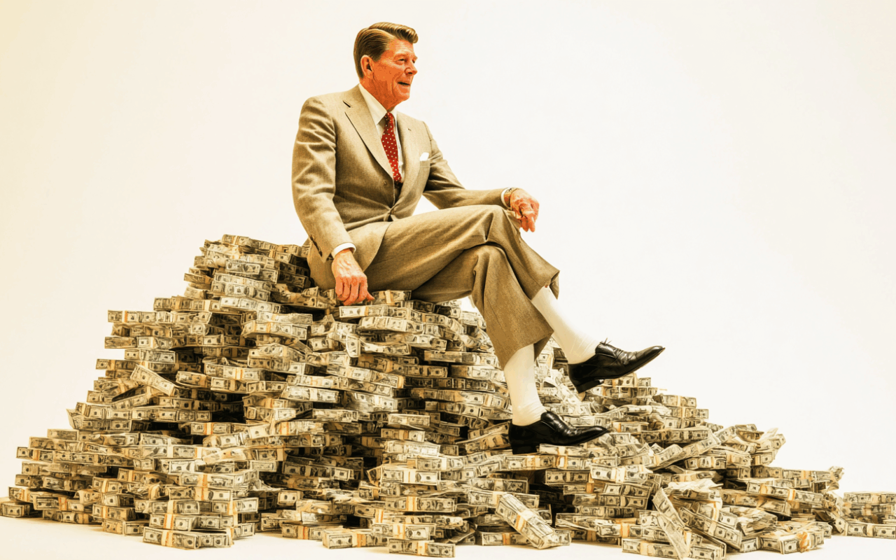 Reagonomics as illustrated by Ronald Reagan sitting atop a huge pile of money