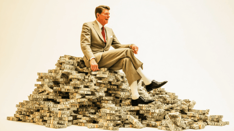 Reagonomics as illustrated by Ronald Reagan sitting atop a huge pile of money