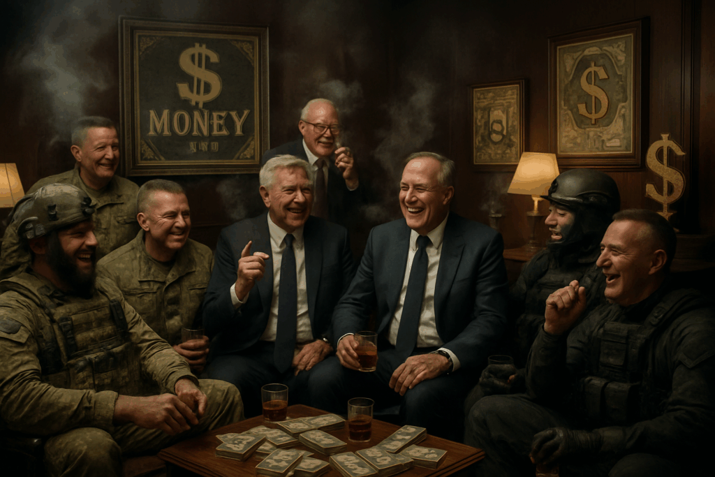 US Senators and military men laughing, drinking, smoking, and worshipping money
