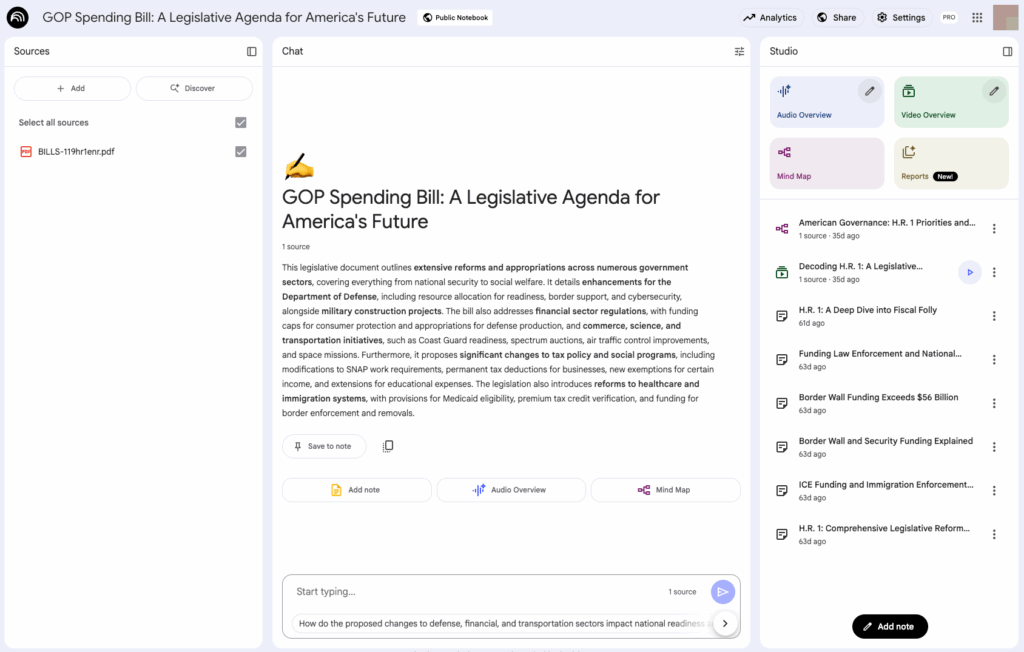 the HR1 GOP tax and spending budget bill for fiscal year 2026, in an interactive NotebookLM