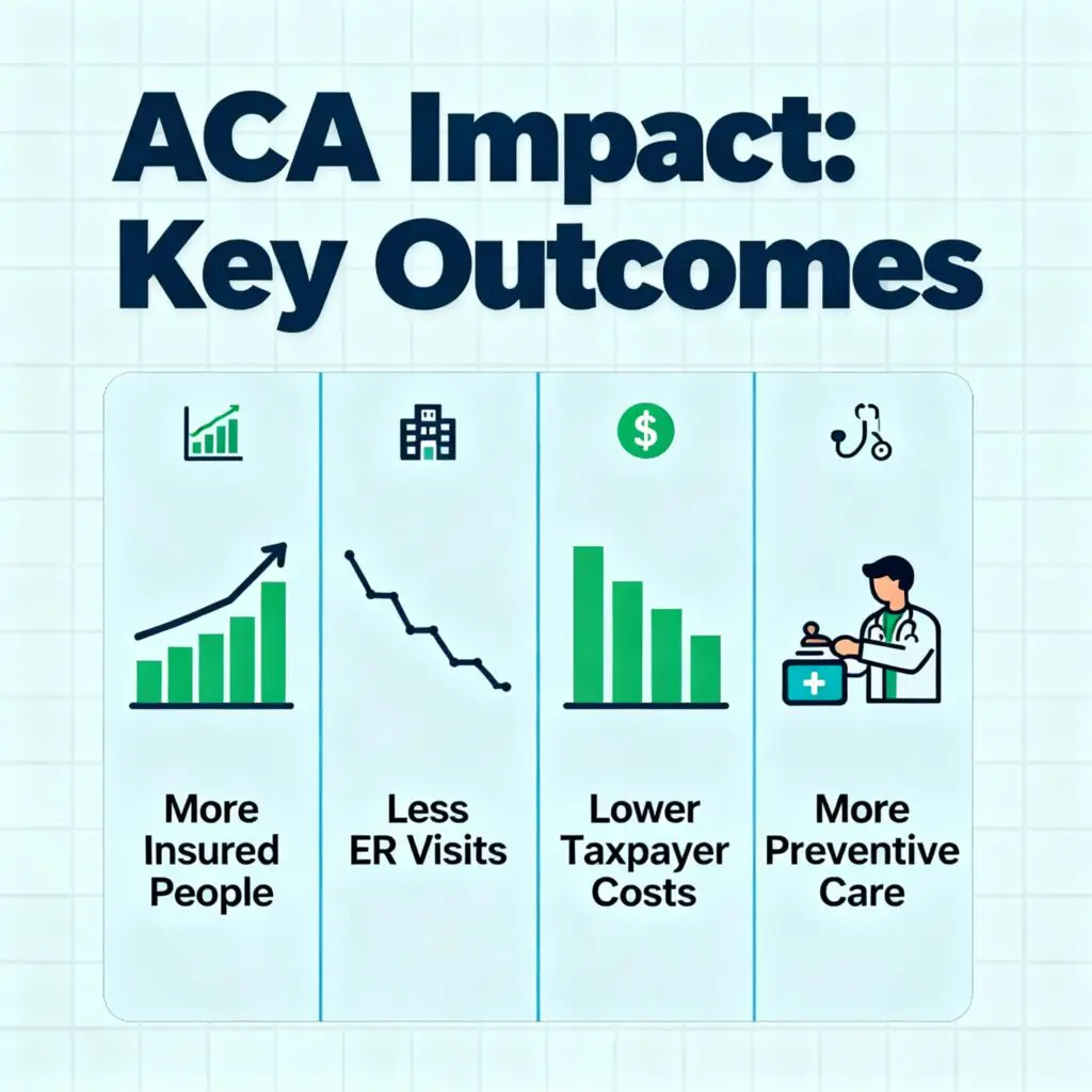 an infographic showing some of the key outcomes of the ACA health care law including lower taxpayer costs and more preventive care