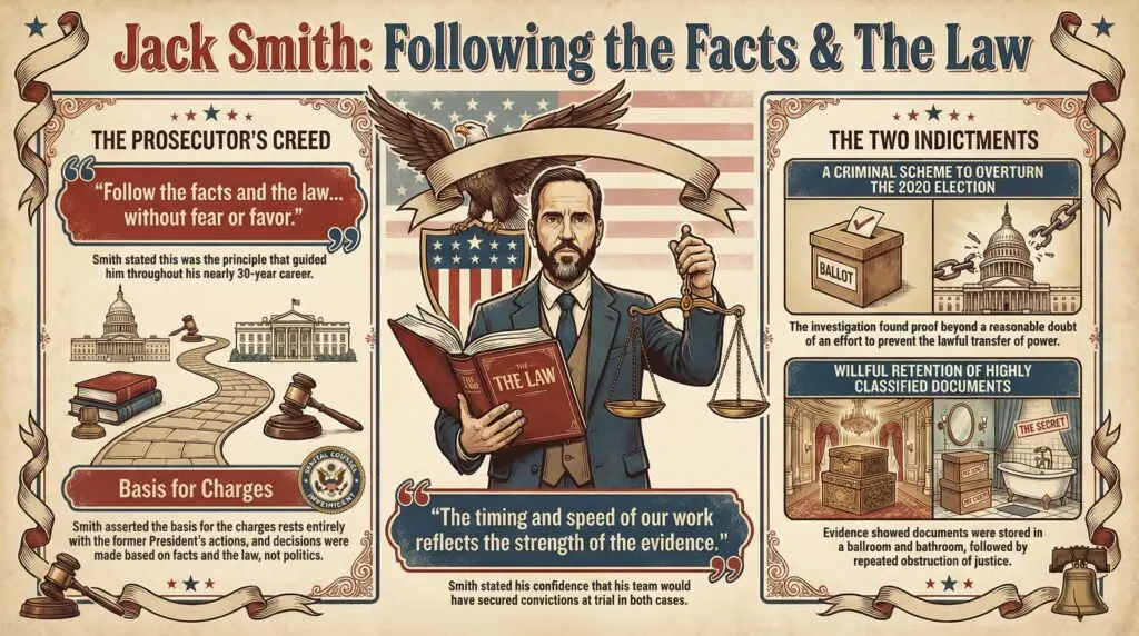Jack Smith infographic about the ethics and values he used when making prosecutorial decisions in the cases he brought against Trump