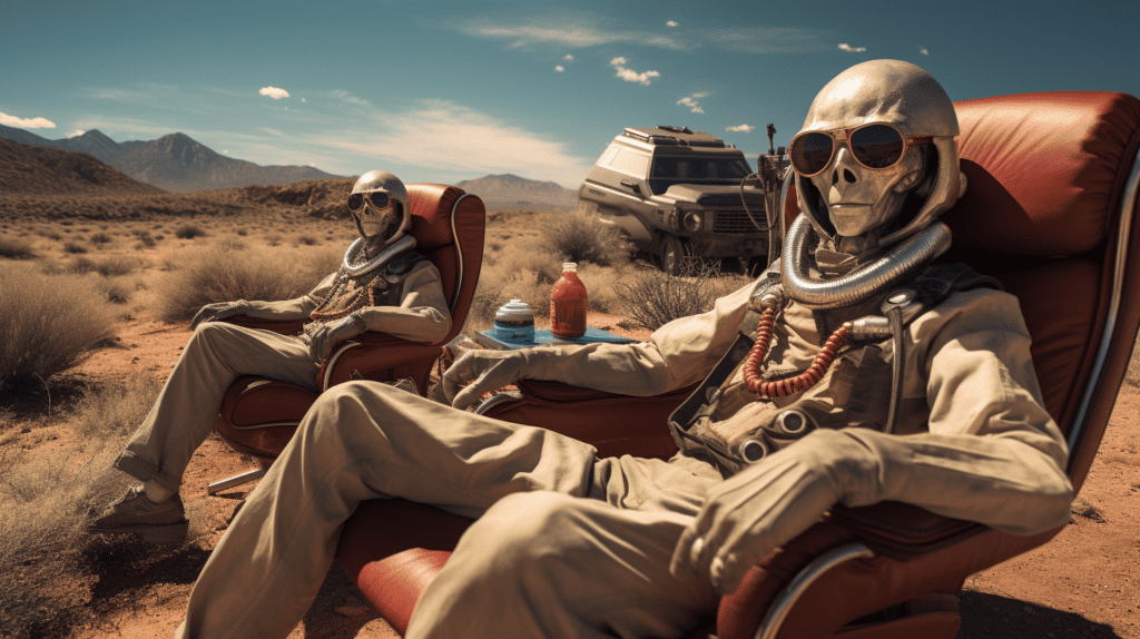 Area 51 aliens chillin' in the desert in the style of a Hunter S. Thompson acid trip