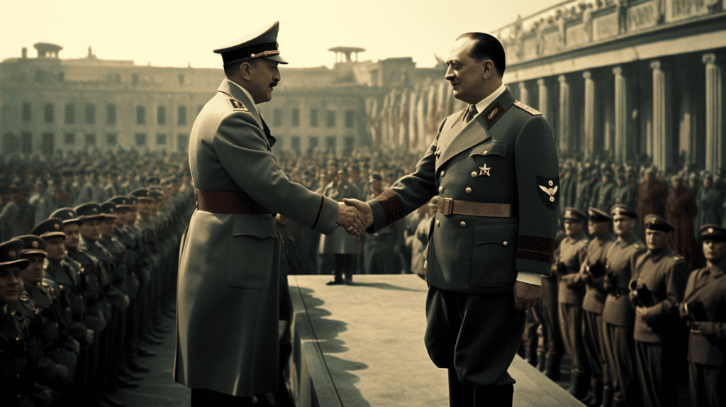 Adolf Hitler and Benito Mussolini shaking hands in front of a crowd of soldiers, by Midjourney