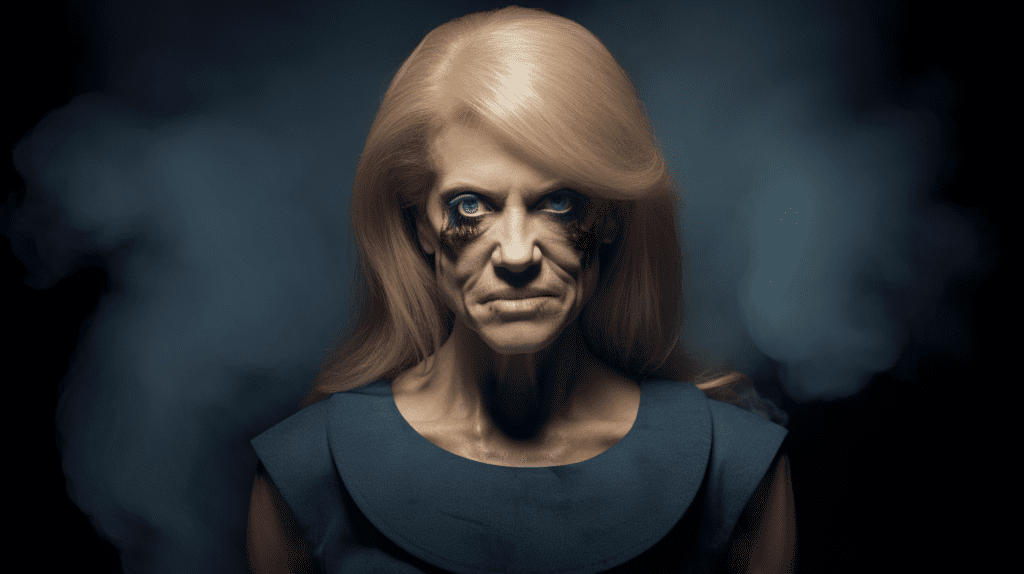 Kellyanne Conway bloody from the fight, by Midjourney