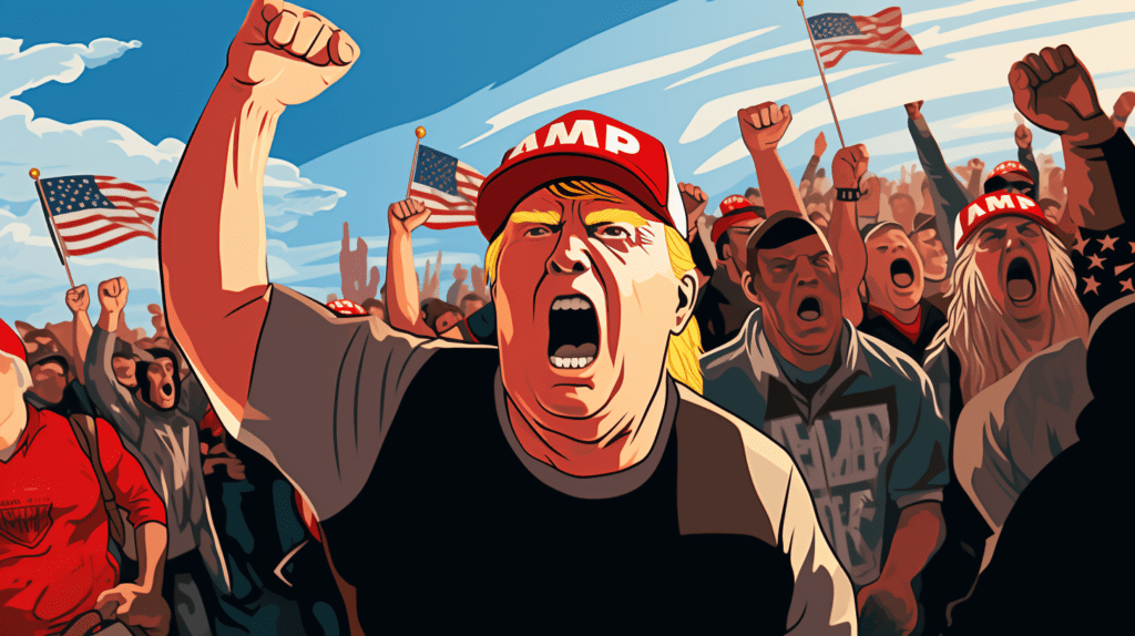 Trump leading the MAGA mob, by Midjourney