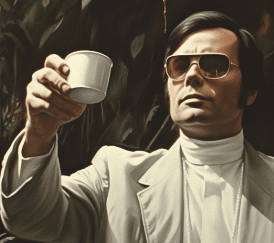 Jim Jones toasting his cult members with a cup of cyanide, by Midjourney
