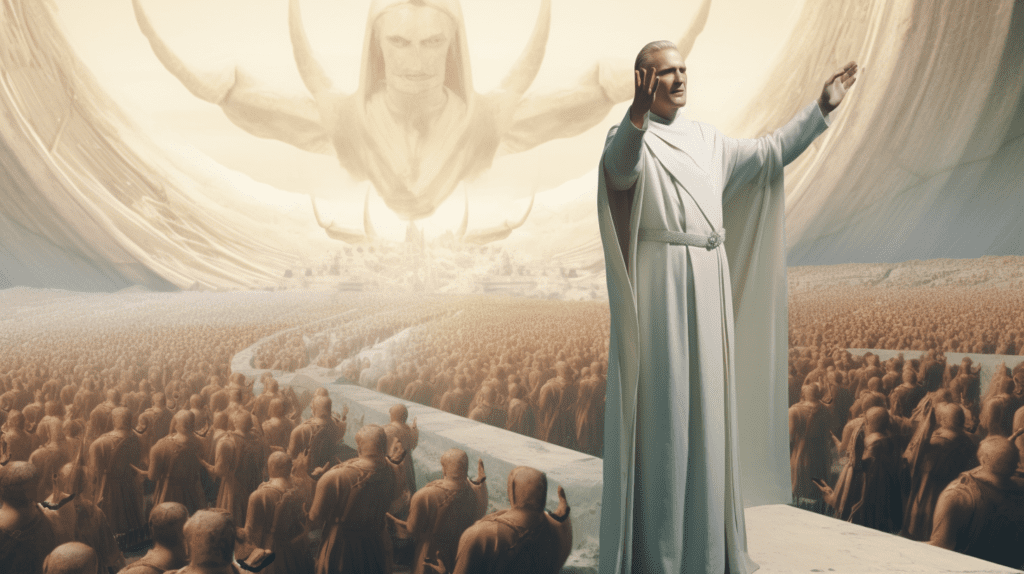 A religious cult leader preaching to his followers with a projection of a god in the distance, by Midjourney
