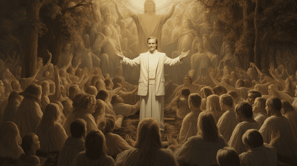 Cult leader preaching to his flock in the garden, by Midjourney