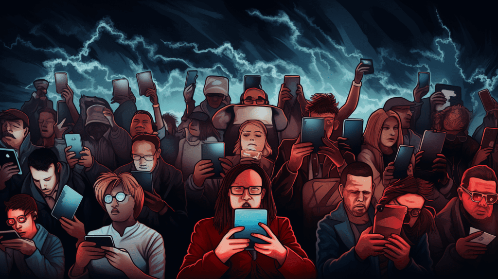 A crowd of people consuming disinformation, by Midjourney