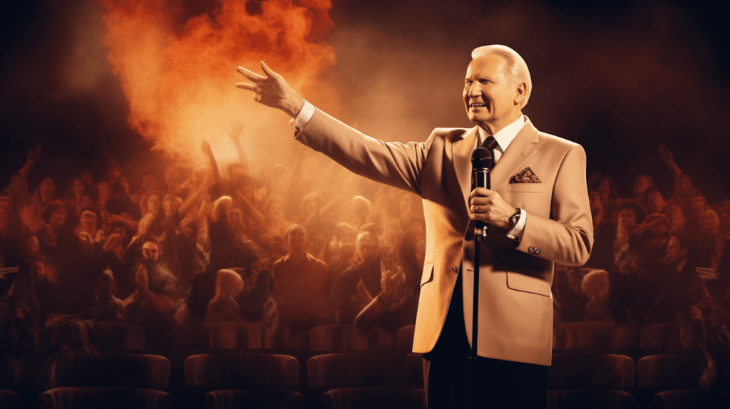 Jimmy Swaggart preaching and televangelizing up a storm, by Midjourney