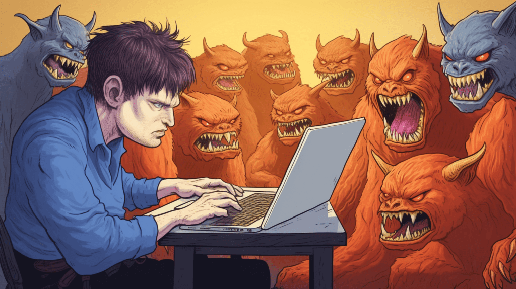 Online trolls shitposting on the internet, by Midjourney