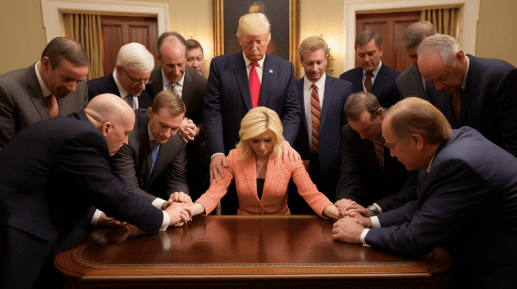 Paula White, spiritual advisor to Donald Trump, praying with his Cabinet in the White House while he looms over her lecherously, by Midjourney
