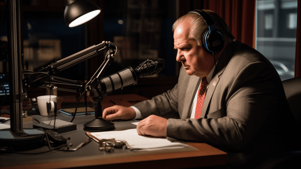 Rush Limbaugh on the radio, by Midjourney