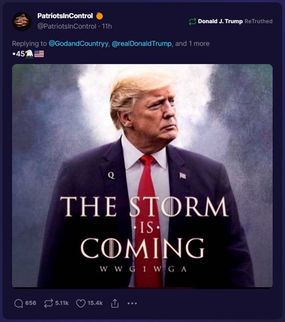 Trump QAnon meme: "The Storm is Coming" in Game of Thrones font, shared on Truth Social
