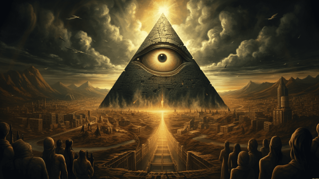 The Illuminati gazing towards the Eye of Providence, by Midjourney