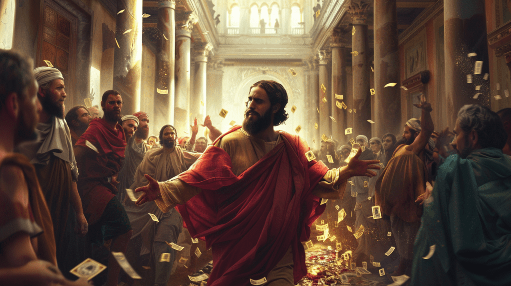 Jesus in the template of the money-changers, by Midjourney