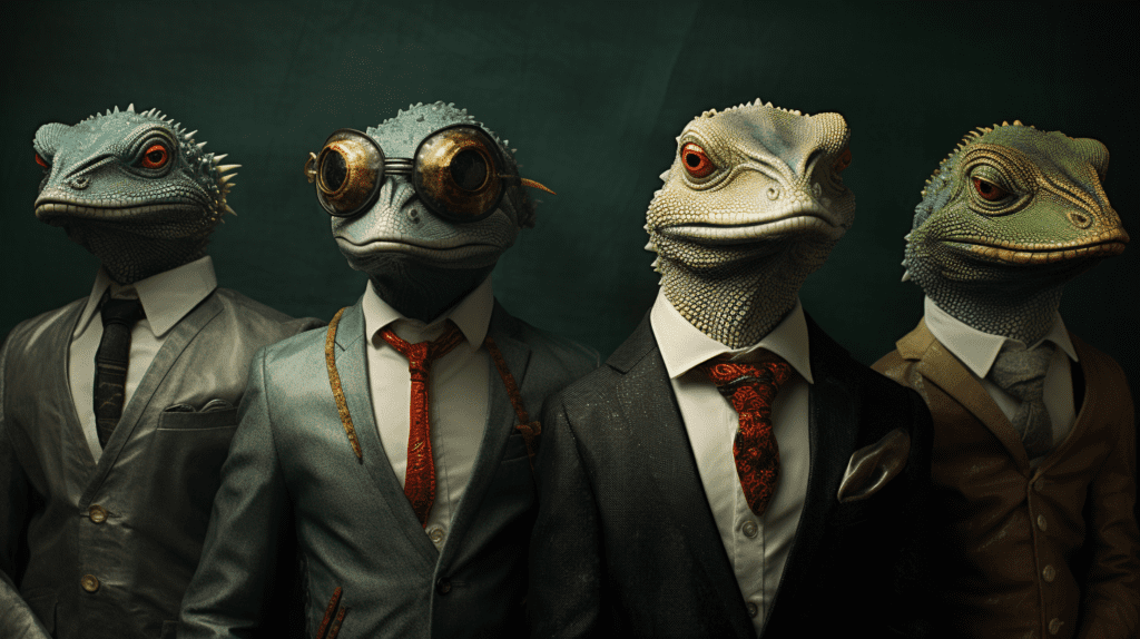 The Lizard People, young dapper and woke crowd, by Midjourney