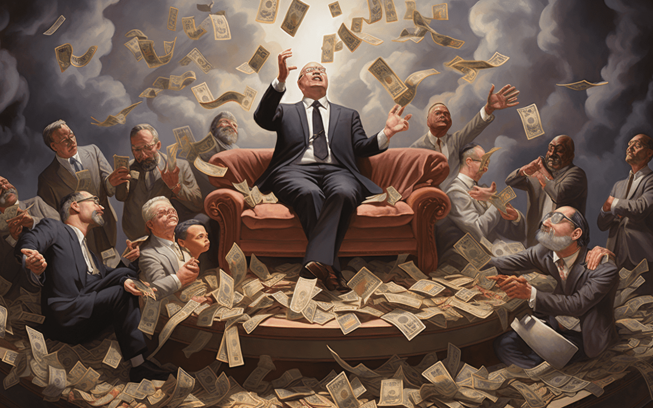 Wealth Cult -- rich men behaving badly, by Midjourney