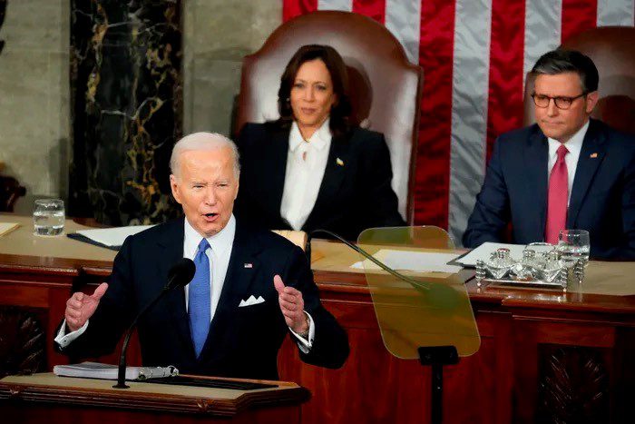 SOTU 2024 Joe Biden fiery speech with Kamala Harris and Mike Johnson in the background behind him