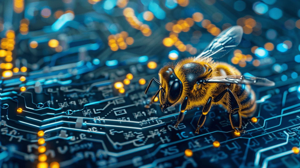 A honeypot illustration with a circuit board beset by a bee, by Midjourney