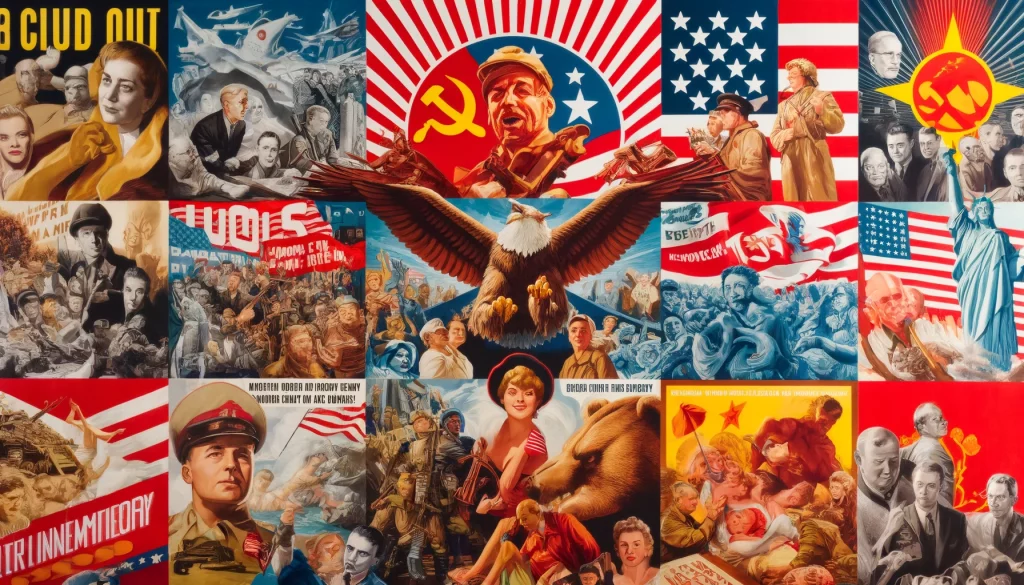 The Cold War: American and Soviet propaganda posters, as envisioned by DALL-E 3