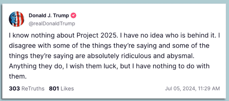 Trump disavows Project 2025 on his social network, Truth Social