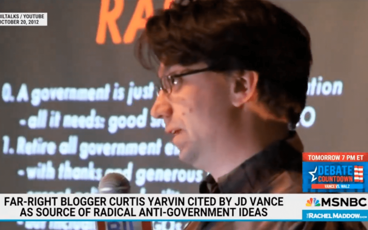 Curtis Yarvin advocating dictatorship in a Rachel Maddow segment linking him to JD Vance and the plot to shut down higher education in America