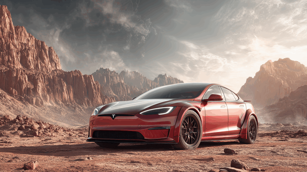 a Tesla parked on Mars as an illustration of Elon Musk's belief in cosmism