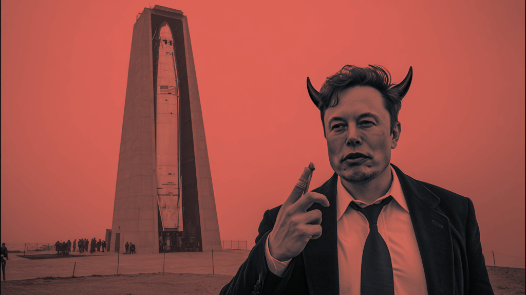 Elon Musk with devil horns in front of a SpaceX rocket
