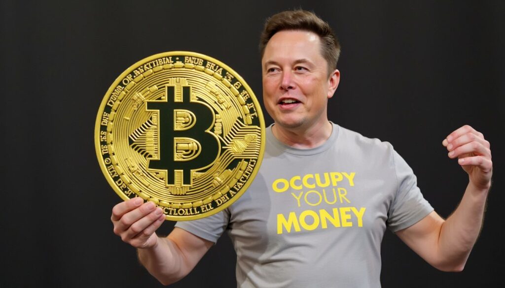 Elon Musk wearing an "Occupy Your Money" shirt and holding a giant golden physical Bitcoin, symbolizing his corruption during his time leading DOGE at the White House