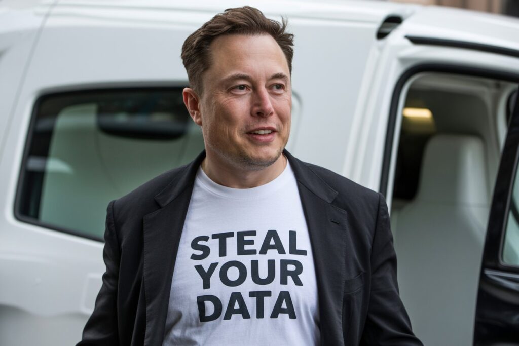 Elon Musk in a "Steal Your Data" tee shirt
