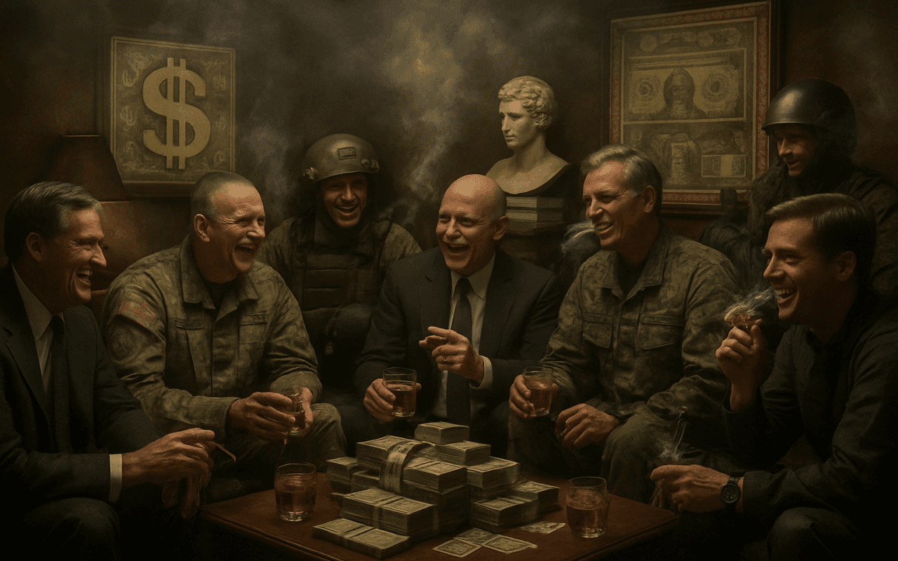 US Republican Senators cavorting with military personnel, drinking and laughing and celebrating the orgy of money they are rolling in