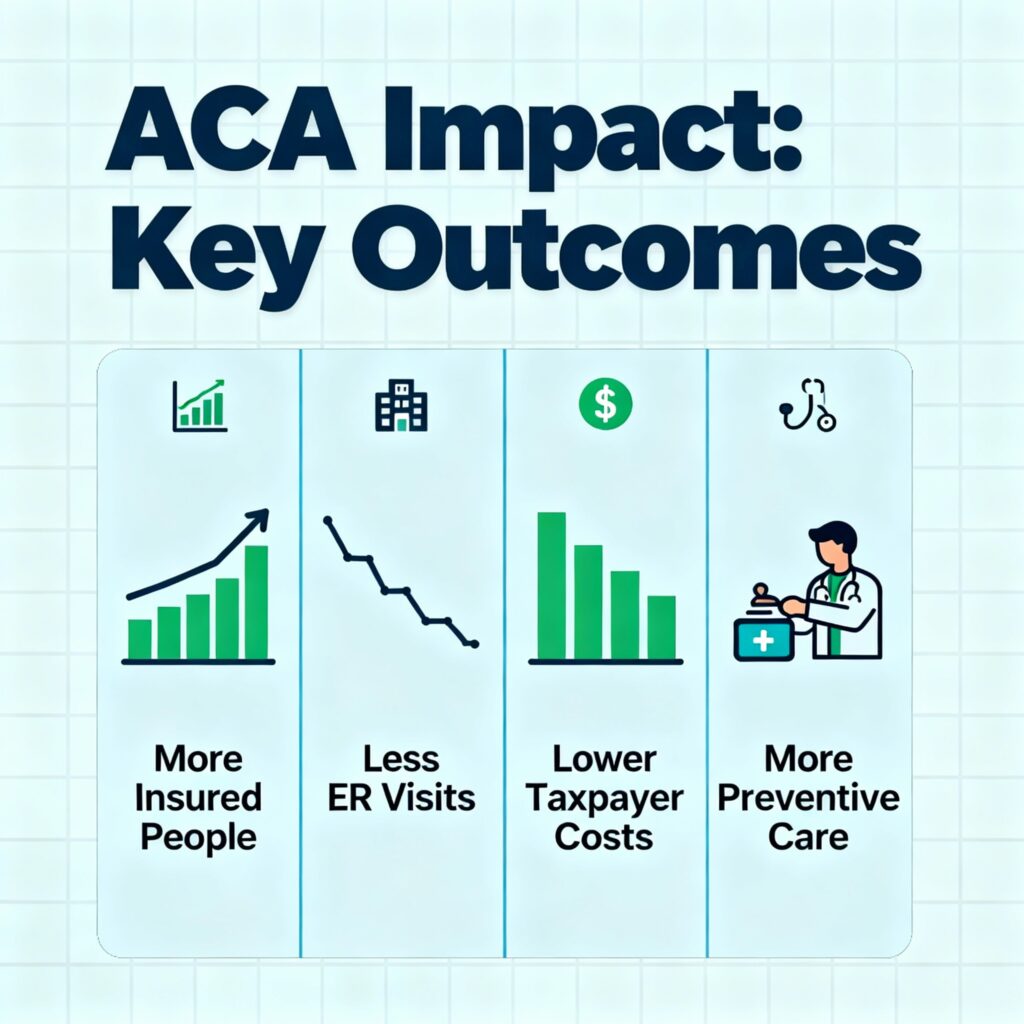 an infographic showing some of the key outcomes of the ACA health care law including lower taxpayer costs and more preventive care