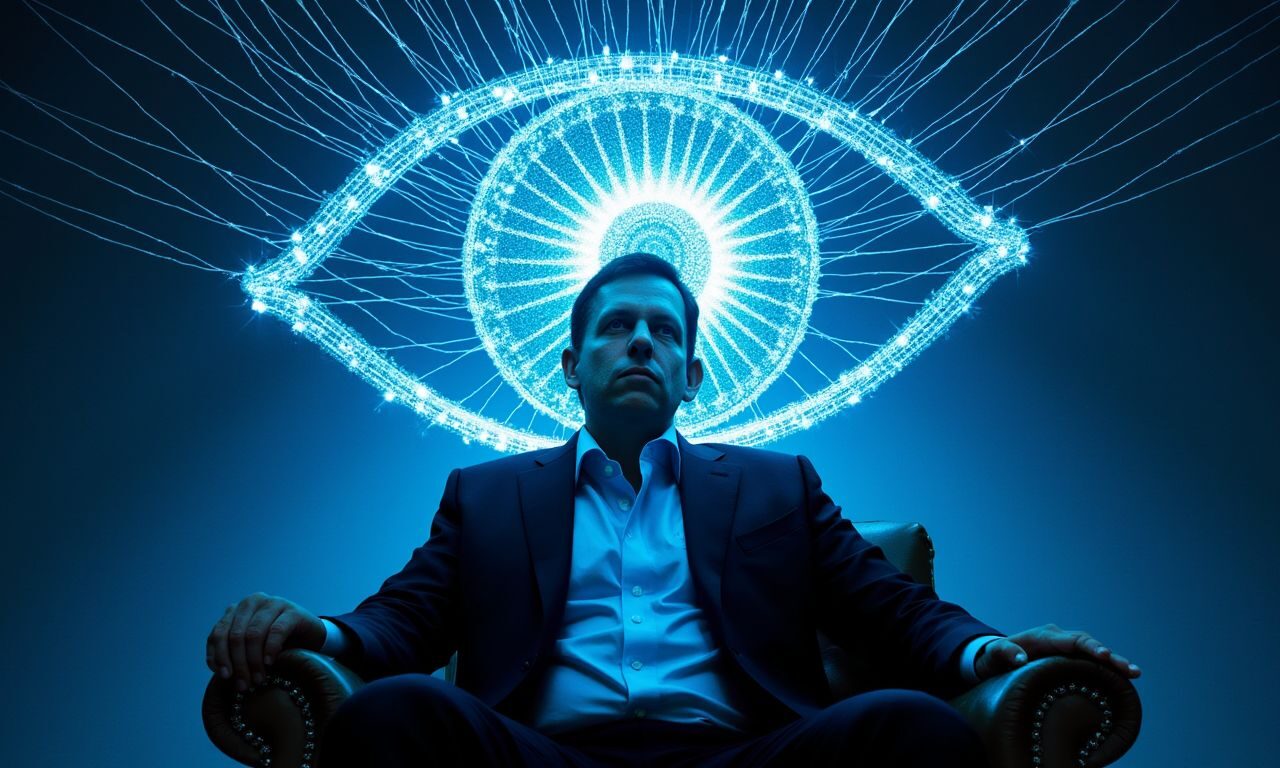 Peter Thiel sits in a far future, under an all-watchful digital eye