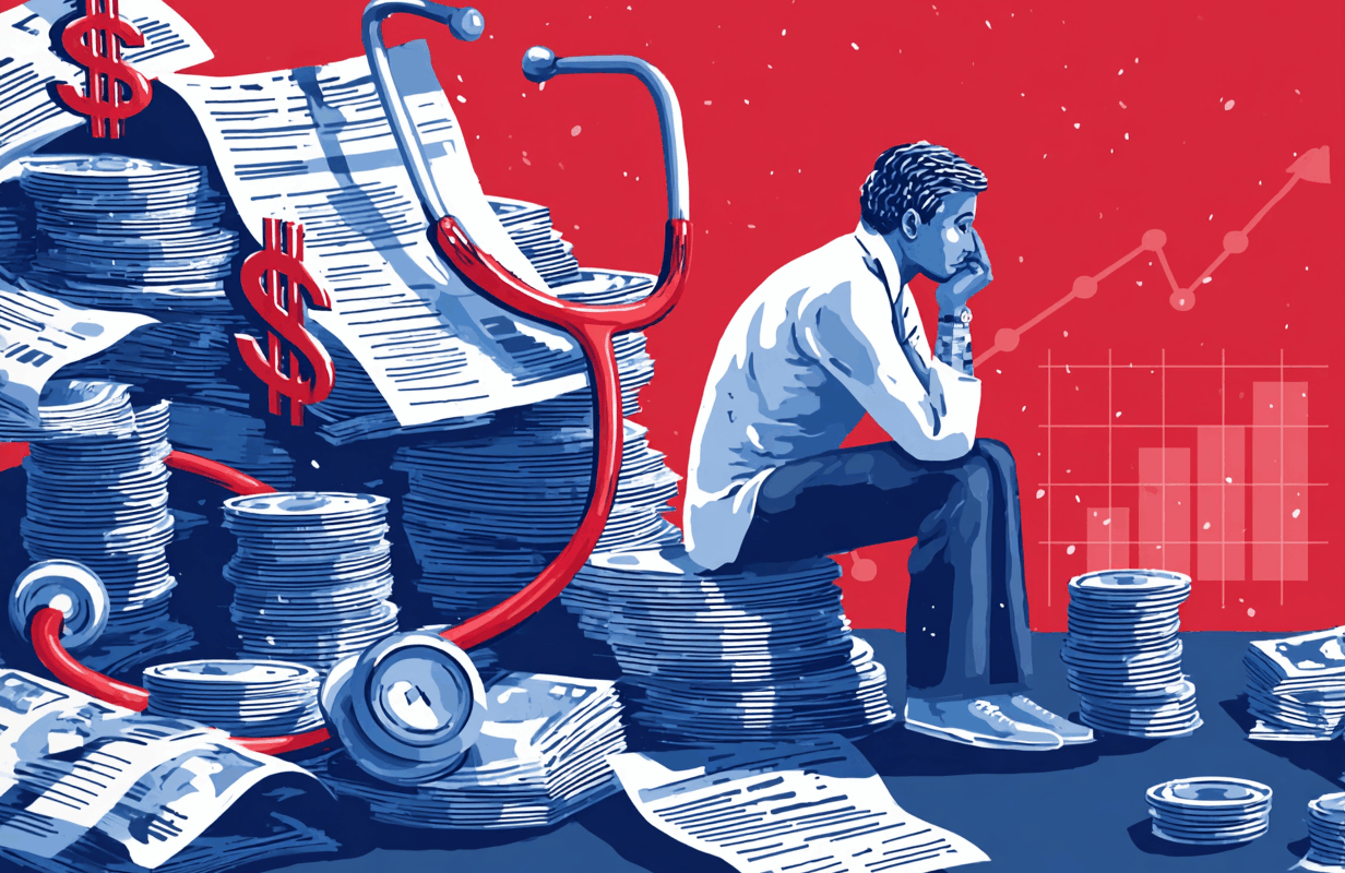 why is health care so expensive, illustrated by a man sitting on a pile of medical debt