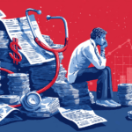why is health care so expensive, illustrated by a man sitting on a pile of medical debt