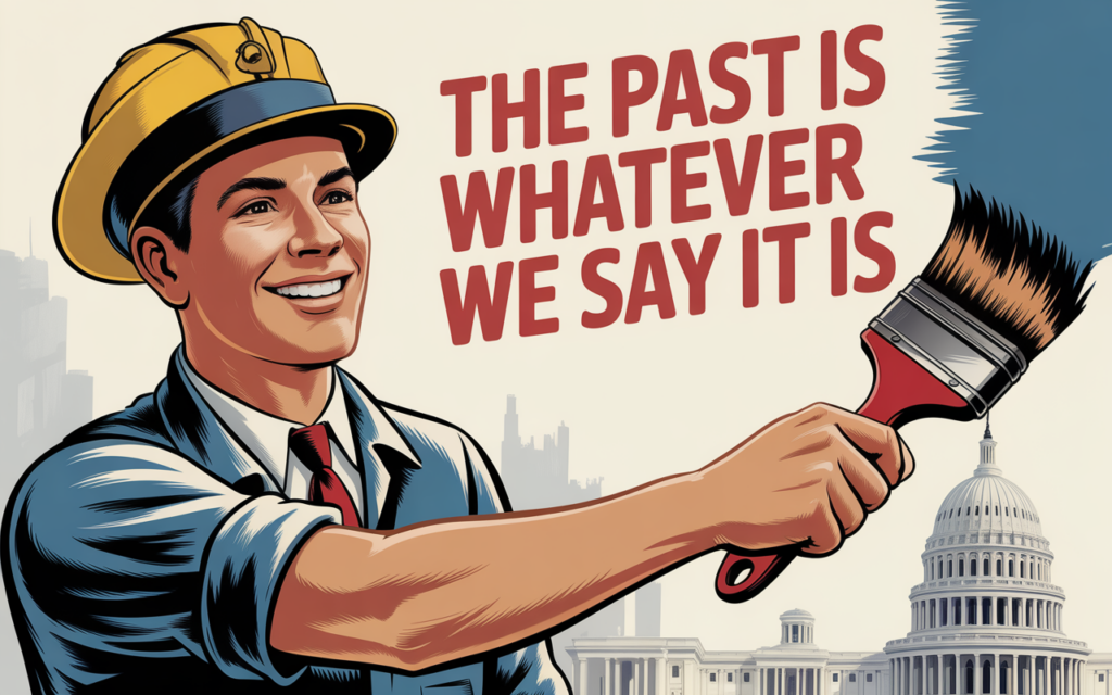 old style propaganda poster of a red, white, and blue man painting over the Capitol building and declaring "the past is whatever we say it is"