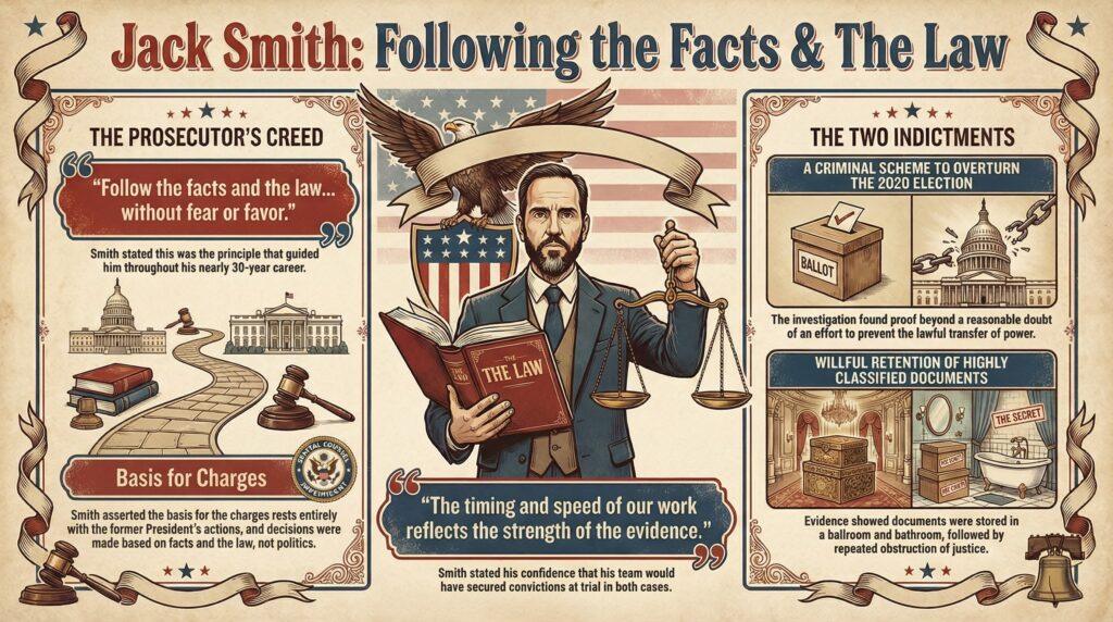 Jack Smith infographic about the ethics and values he used when making prosecutorial decisions in the cases he brought against Trump