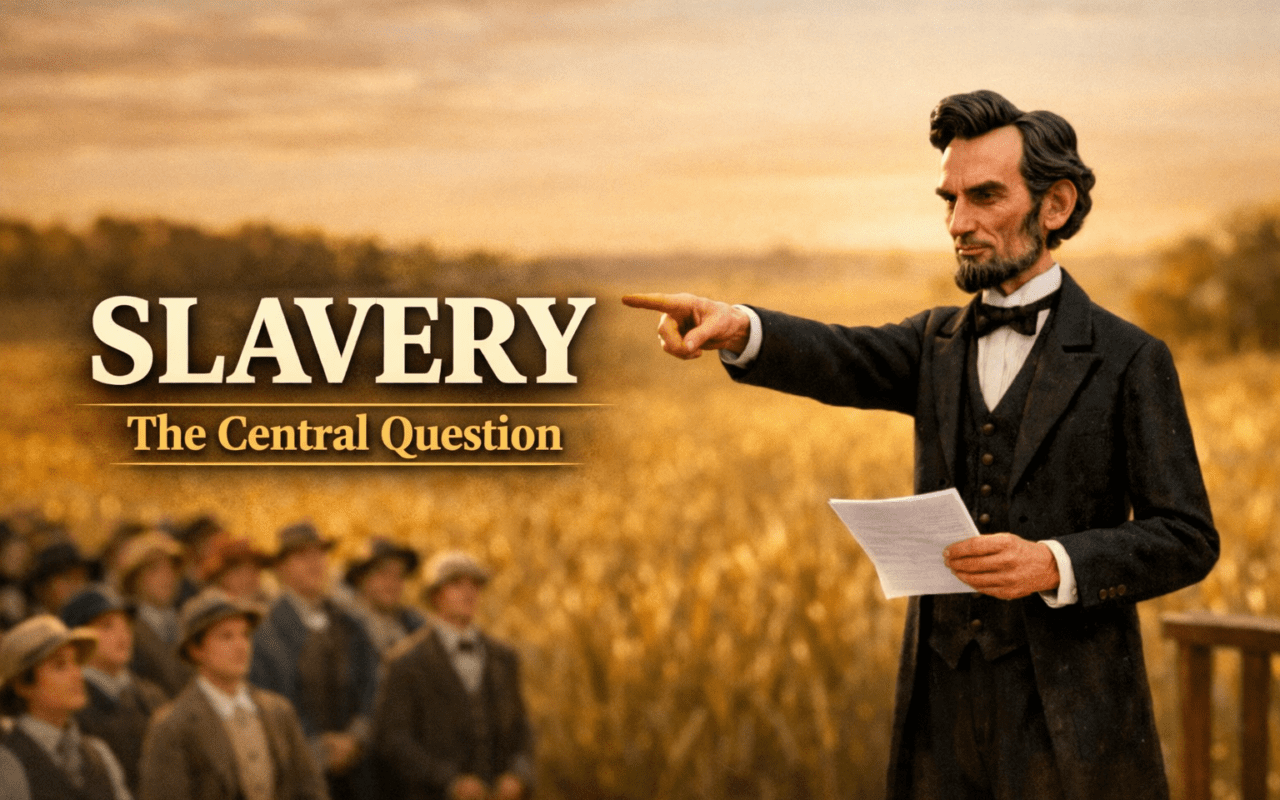 Slavery was the central question leading to the Civil War according to Abraham Lincoln, depicted here in a mini history video